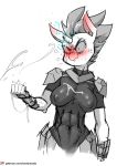  abs angry anthro anthrofied armor blue_eyes blush bodily_fluids broken_horn chrysalisdraws clothing cum cumshot ejaculation equid female friendship_is_magic gauntlets genital_fluids gloves handwear hi_res horn mammal my_little_pony my_little_pony:_the_movie_(2017) nipple_outline one_eye_closed skinsuit solo tempest_shadow_(mlp) tight_clothing unicorn vein 