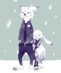  2017 anthro bottomwear canid canine cheek_tuft clothed clothing comic disney duo facial_tuft fox fully_clothed fur judy_hopps lagomorph leporid mammal necktie nick_wilde pants police_uniform rabbit red_fox shirt snow snowing topwear tuft uniform zootopia へべ 