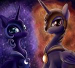  abstract_background armor blue_eyes duo equid feathered_wings feathers female feral foughtdragon01 friendship_is_magic headgear helmet horn looking_at_viewer mammal my_little_pony pendant pink_eyes princess_celestia_(mlp) princess_luna_(mlp) smile winged_unicorn wings 