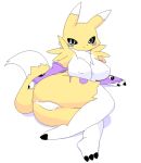  2015 anthro anus big_breasts black_sclera blue_eyes breasts butt canid canine digimon digimon_(species) female fur genitals kemono lets0020 looking_at_viewer lying mammal nipple_outline on_side presenting presenting_hindquarters pussy renamon solo white_body white_fur yellow_body yellow_fur 