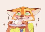  anthro blush canid canine cheek_tuft clothed clothing disney facial_tuft food fox fur holding_food holding_object inner_ear_fluff mammal necktie nick_wilde orange_body orange_fur pink_background red_fox shirt simple_background solo sparkles strawberry628_(artist) topwear tuft zootopia 