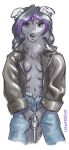  2020 anthro blue_eyes border_collie breasts canid canine canis clothed clothing collie digital_media_(artwork) domestic_dog ear_piercing eyebrows eyelashes female fur grey_body grey_fur hair herding_dog holding_gun holding_object holding_weapon jacket julee leather leather_jacket mammal multi_breast multicolored_eyes partly_clothed pastoral_dog piercing purple_hair sheepdog solo topwear unbuttoned_pants unimpressive_(artist) weapon yellow_eyes 