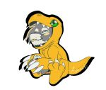  agumon ambiguous_gender ayanaki_(artist) blush claws clothing costume digimon digimon_(species) eating eyes_closed food fursuit orange_body solo suit sushi teeth tongue tongue_out unknown_species 
