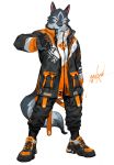  anthro canid canine canis claws clothed clothing fur male mammal moodraw neilos0526 phone pose simple_background solo standing 