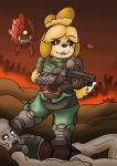  &lt;3 animal_crossing anthro armor armwear bodysuit boots cacodemon_(doom) canid canine canis clothing darknetic demon dirt domestic_dog doom_(series) doomslayer female fire foot_on_face foot_on_stomach footwear fur gun hell hi_res id_software isabelle_(animal_crossing) mammal nintendo ranged_weapon shotgun simple_background skinsuit tight_clothing video_games weapon yellow_body yellow_fur 