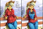  2020 anthro applejack_(mlp) clothed clothing dialogue digital_media_(artwork) english_text equid equine eyes_closed female fidzfox friendship_is_magic green_eyes grin hat headgear headwear hi_res looking_at_viewer mammal my_little_pony nipple_outline outside smile solo text winter 