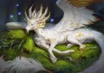  2020 4_toes alsareslynx ambiguous_gender day detailed_background dragon eyes_closed feathered_dragon feathered_wings feathers feral forest fur furred_dragon grass moss outside paws solo_focus toes tree white_body white_feathers white_fur wings 