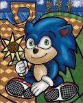  2020 anonymous_artist anthro blue_body blue_fur blue_hair clothing eulipotyphlan flower footwear fur gloves green_eyes green_hill_zone hair handwear hedgehog holding_flower holding_object looking_at_viewer male mammal plant sega shoes sitting sky smile sneakers solo sonic_the_hedgehog sonic_the_hedgehog_(film) sonic_the_hedgehog_(series) sunflower toony video_games 