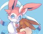  2016 ambiguous_gender blue_background blush bodily_fluids brown_body brown_fur comfort comforting crying duo eevee eeveelution eyes_closed fur hug nintendo open_mouth pok&eacute;mon pok&eacute;mon_(species) simple_background size_difference sylveon tears video_games white_body white_fur wolfwithwing 