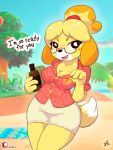  animal_crossing anthro beach blush blush_stickers bottle bottomwear breasts canid canine canis cleavage clothed clothing dialogue domestic_dog dress_shirt english_text eyewear fangs female furboz glasses isabelle_(animal_crossing) leaf mammal miniskirt nintendo open_mouth open_smile seaside shih_tzu shirt skirt smile solo teasing text thick_thighs topwear toy_dog video_games wide_hips 