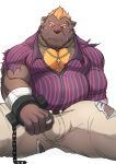  5_fingers anthro bandage barghest_(tas) barguest_(tas) belt blush bodily_fluids body_hair brown_body brown_fur bulge chain chest_hair clothed clothing ear_piercing ear_ring fingers fur hair hi_res jewelry male mammal musclegut necklace orange_hair pattern_clothing piercing purple_clothing purple_shirt purple_topwear red_eyes ring scar shackles shirt simple_background solo striped_clothing stripes sweat sweatdrop tamura_kazumasa tokyo_afterschool_summoners topwear torn_clothing ursid video_games white_background 