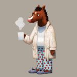  2020 anthro avatar_material beverage black_mane bojack_horseman bojack_horseman_(character) brown_body clothing coffee cup diamond_(marking) equid equine facial_markings head_markings hi_res horse male mammal mane markings netflix omochi_freedom pijamas robe shirt simple_background slippers solo t-shirt topwear vapor 