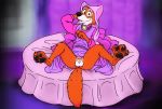  2020 absurd_res anthro anus balls bed black_nose butt canid canine canis clothed clothing cosplay crossdressing disney dress erection fox fur furniture genitals hi_res humanoid_genitalia humanoid_penis lying maid_marian male mammal neenya on_bed penis robin_hood robin_hood_(disney) simple_background small_penis solo 