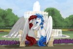  ambiguous/ambiguous ambiguous_gender blue_hair claws crowneprince day detailed_background equid equine feathered_wings feathers hair hybrid kissing mammal outside paws pterippus sky white_body white_feathers wings 
