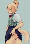  &lt;3 &lt;3_eyes animal_crossing anthro blush bottomwear breasts butt canid canine canis clothed clothing clothing_lift domestic_dog female fur grey_background hair hi_res isabelle_(animal_crossing) looking_at_viewer mammal nintendo presenting presenting_hindquarters puppyinanappy shih_tzu simple_background skirt skirt_lift smile solo spank_marks standing thick_thighs toy_dog video_games yellow_body yellow_fur 
