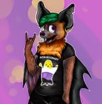  ambiguous_gender anthro chiropteran clothing ear_piercing ear_ring fangs goth green_hair hair heterochromia lgbt_pride mammal piercing pride_color_clothing pride_colors solo 