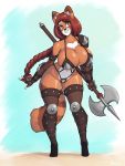  2019 ailurid amber_eyes anthro armlet armor axe big_breasts bikini_armor blush braided_hair breasts cleavage cleavage_overflow clothed clothing curvaceous curvy_figure female hair heart_marking hi_res holding_object holding_weapon huge_breasts inner_ear_fluff knee_pads legwear long_hair mammal melee_weapon navel nuan_(skecchiart) pauldron red_hair red_panda shoulder_pads signature simple_background skecchiart smile solo standing striped_tail stripes thick_thighs tuft unconvincing_armor vambraces voluptuous weapon wide_hips 