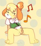  animal_crossing anthro blush bodily_fluids breasts canid canine canis clothing creepy_gun domestic_dog female fur genital_fluids genitals hair half-closed_eyes hi_res isabelle_(animal_crossing) mammal musical_note narrowed_eyes nintendo nipples nude plump_labia presenting presenting_pussy pussy pussy_juice shih_tzu sitting smile solo teeth thick_thighs toy_dog video_games wide_hips yellow_body yellow_fur 