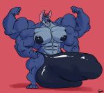  4_arms 4_toes 5_fingers abs alien antennae_(anatomy) anthro anthrofied biceps big_bulge big_muscles black_eyes blue_body blue_fur blue_nipples blue_nose bulge disney experiment_(lilo_and_stitch) fingers flexing fur grin head_tuft hi_res huge_bulge huge_muscles hyper hyper_bulge hyper_muscles lilo_and_stitch looking_at_viewer male multi_arm multi_limb muscular muscular_male nipples notched_ear pecs red_background signature simple_background smile solo standing stitch_(lilo_and_stitch) toes tuft uniparasite 