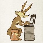  2019 anthro barrel black_nose brown_body brown_fur canid canine canis computer coyote edtropolis fur laptop long_ears looney_tunes male mammal simple_background sitting solo typing warner_brothers wile_e._coyote yellow_eyes 