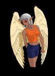  3_claws black_background blue_bottomwear blue_clothing blue_shorts bottomwear breasts claws clothed clothing dark_skin elf exposed_stomach feathered_wings feathers female fist grey_hair hair hands_behind_back humanoid humanoid_pointy_ears long_ears looking_at_viewer navel orange_vest red_sclera shadow shorts silver_hair simple_background smile solo unknown_artist wings 