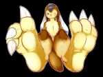  2018 3_toes ambiguous_gender barefoot black_background brown_body brown_fur claws digimon digimon_(species) feet floppy_ears foot_focus fur mammal one_eye_closed prairiemon signature simple_background smile soles solo toe_claws toes tuft whiskers xptzstudios 