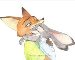  2017 brown_body brown_fur buckteeth canid canine clothed clothing dipstick_ears disney eyes_closed fox francesca-ictbs fur hug inner_ear_fluff judy_hopps lagomorph leporid mammal multicolored_ears nick_wilde open_mouth open_smile painting_(artwork) rabbit red_fox shirt simple_background smile teeth topwear traditional_media_(artwork) tuft watercolor_(artwork) white_background zootopia 