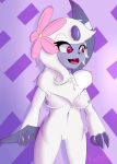  2020 absol anthro digital_media_(artwork) female fur genitals kartokoi mammal nintendo pok&eacute;mon pok&eacute;mon_(species) pussy red_eyes solo standing video_games white_body white_fur 