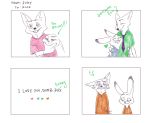  2019 anthro bodily_fluids canid canine clothed clothing comic dipstick_ears disney duo english_text eyes_closed fox francesca-ictbs fur hi_res judy_hopps lagomorph leporid mammal multicolored_ears necktie nick_wilde one_ear_up open_mouth open_smile rabbit red_fox shirt smile tears text topwear zootopia 