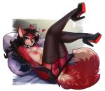  5_fingers anthro aomori areola big_breasts black_hair breasts canid canine clothing collar female fingers footwear fox fur hair high_heels looking_at_viewer mammal nipples red_body red_fur shoes smile solo 