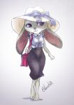  2016 ailu_h0 anthro barefoot clothed clothing disney ears_down female fully_clothed fur grey_background grey_body grey_fur hat headgear headwear jewelry judy_hopps lagomorph leporid mammal necklace pivoted_ears purple_eyes purse rabbit simple_background solo standing zootopia 