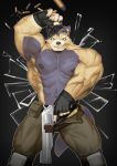  absurd_res bullet clothed clothing eyewear flexing goggles grin gun handgun hi_res male mammal pistol raccoon21 ranged_weapon scar smile solo solo_focus topless unzipped unzipped_pants ursid weapon yellow_body 