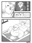  2020 ? anthro bathing belly blush canid canine canis censored clothing comic cu_sith_(tas) deadanthro domestic_dog duo hi_res humanoid_hands leib_(tas) male male/male mammal moobs nipples overweight overweight_male polar_bear shirt sitting smoking tokyo_afterschool_summoners topwear ursid ursine video_games water 
