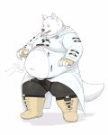  ambiguous_gender ambiguous_species anthro belly big_belly canid canine canis claws clothed clothing disembodied_hand duo fingerless_gloves fur gloves handwear hi_res male mammal moobs navel open_mouth overweight overweight_male solo_focus thick_thighs tight_clothing weight_gain white_body white_fur worried yo_bigbear 