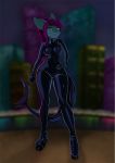  anthro breasts city cityscape clothed clothing digital_media_(artwork) dutchsyndicalist female fingers fish green_eyes hair hi_res looking_at_viewer marine purple_hair rubber shark solo standing 
