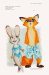  2017 anthro canid canine clothing dialogue disney duo english_text fox francesca-ictbs fur grey_body grey_fur hands_behind_back hi_res judy_hopps lagomorph leporid mammal nick_wilde open_mouth open_smile orange_body orange_fur rabbit red_fox simple_background smile standing swimming_trunks swimwear text zootopia 