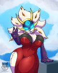  2019 absurd_res anthro arm_support armwear batartcave blue_lips breasts cleavage cleavage_overflow clothed clothing dress female fur fur_tuft hi_res legendary_pok&eacute;mon lips looking_at_viewer nintendo pok&eacute;mon pok&eacute;mon_(species) red_clothing red_dress solgaleo solo text tuft url video_games white_body white_fur wide_hips 