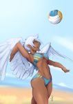  2018 angel ball beach bikini bikini_bottom bikini_top breasts brown_body cleavage clothed clothing cloud detailed_background english_text eyebrows eyelashes female hair humanoid krakenparty navel not_furry open_mouth partially_clothed purple_eyes sand seaside signature sky solo swimwear teeth text tongue traditional_media_(artwork) water white_hair wings 