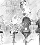  2018 anthro bar canid canine clothed clothing disney duo_focus ear_markings facial_markings fennec finnick fox fully_clothed fur furniture group head_markings head_tuft hi_res jack_savage lagomorph leporid mammal markings mochigolo618 monochrome rabbit sitting stool tuft zootopia 