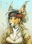  anthro black_nose blonde_hair canid canine canis clothed clothing coyote female hair headshot_portrait hi_res mammal neotheta portrait smile solo yellow_eyes 