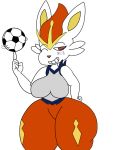  2020 ball big_breasts breasts cinderace crackalacking curvy_figure female fur japanese_text kanji lagomorph leporid looking_at_viewer mammal nintendo one_eye_closed pok&eacute;mon pok&eacute;mon_(species) rabbit red_eyes red_nose simple_background smile soccer_ball tattoo teeth text thick_thighs video_games voluptuous white_body white_fur wide_hips wink winking_at_viewer 