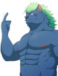  2020 5_fingers abs anthro biceps blue_body blue_fur clothed clothing facial_markings fingers fur gow_gow_beast green_eyes green_hair hair head_markings hi_res humanoid_hands hyaenid male mammal markings muscular muscular_male navel nipples nyarlathotep_(housamo) pecs simple_background striped_hyena tokyo_afterschool_summoners topless video_games white_background 