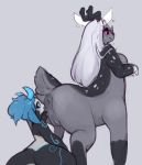  ambiguous_gender anthro anthro_on_taur antlers anus big_anus big_butt black_body black_fur black_sclera blue_eyes blue_hair blue_markings breasts butt cervid cervid_taur dragon duo eerieviolet eyewear female female/ambiguous fur genitals glasses glistening glistening_genitalia glistening_pussy gloves_(marking) grey_background grey_body grey_fur hair horn larger_female larger_taur leg_markings long_hair looking_at_another looking_at_partner looking_back mammal mammal_taur markings multicolored_body multicolored_fur nude pink_eyes plump_labia presenting presenting_anus presenting_hindquarters presenting_pussy puffy_anus pussy simple_background sitting size_difference smaller_ambiguous smaller_anthro smile socks_(marking) spots standing taur translucent two_tone_body white_hair white_spots 