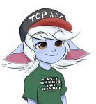  alpha_channel bandlebro blue_body blush clothing female green_eyes hat headgear headwear humanoid league_of_legends meme not_furry riot_games shirt simple_background smile solo text_on_shirt top_gun_hat topwear transparent_background tristana_(lol) video_games yordle 