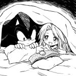  1:1 2013 anthro bed black_and_white book bukikobuta child eulipotyphlan female furniture hair hedgehog human long_hair low_res lying male mammal maria_robotnik monochrome on_bed on_front pillow reading shadow_the_hedgehog smile sonic_the_hedgehog_(series) under_covers young 