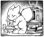  2020 ambiguous_gender antenna_wire beverage_can black_and_white blowing box canid canine controller dust eyes_closed game_cartridge game_console game_controller mammal monochrome nude o-kemono solo television 