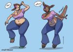  2019 anthro barefoot big_breasts black_nose blue_background bra breasts brown_body brown_fur clothing ear_piercing ear_ring female fur hair human_to_anthro kangaroo macropod mammal marsupial navel nipple_outline open_mouth piercing shirt simple_background slightly_chubby solo species_transformation surprise tail-blazer tail_growth topwear transformation underwear 