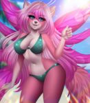  2020 absurd_res adorableinall ahoge anthro blue_eyes breasts canid canine canis clothed clothing day eyelashes female fingers fur hair hi_res lingerie looking_at_viewer mammal mariah_veiethe nails open_mouth pink_body pink_fur smile solo standing teeth topwear wings wolf 