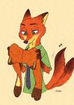  2019 anthro canid canine clothing dipstick_ears disney fox fur green_eyes hi_res holding_object inner_ear_fluff male mammal mochigolo618 multicolored_ears musical_note necktie nick_wilde orange_body orange_fur red_fox shirt simple_background smile solo tailwag tan_background topwear tuft zootopia 