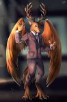  4_toes 5_fingers absurd_res anthro antlers avian brown_body brown_feathers cervid clothed clothing feathered_wings feathers fingers hi_res horn hybrid male mammal solo tai_l_rodriguez toes wings 